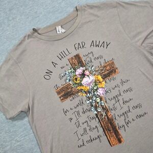 Love in Faith Womens On A Hill Far Away Floral Cross Graphic T-Shirt Taupe Small
